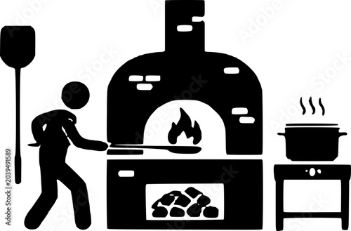 Quadro em tela Black silhouette of a man working at a brick oven with cooking utensils and equipment in a kitchen environment, conveying a sense of hard work and culinary preparation