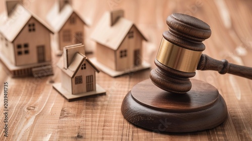 Wooden judge gavel on sound block with miniature toy houses on a wood table for real estate auction, property law, bankruptcy, foreclosure, or house bidding.