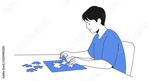Foto Man working on jigsaw puzzle pieces.