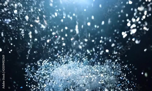 a shower of blue and silver confetti cascading downwards, sparkling like tiny stars