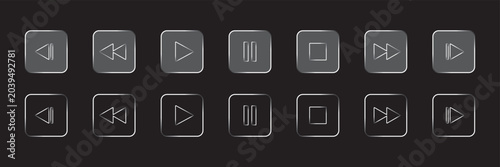 Tableau sur toile Liquid glass morphism vector of play, skip forward, skip backward buttons and a Music Collection banner concept