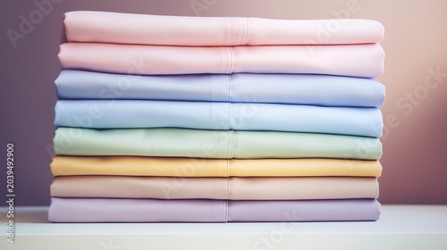 A photo of folded shirts in various pastel colors.