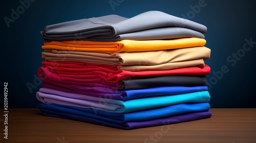 A photo of folded t-shirts in different colors.