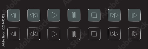 Tableau sur toile Liquid glass morphism vector of play, skip forward, skip backward buttons and a Music Collection banner concept