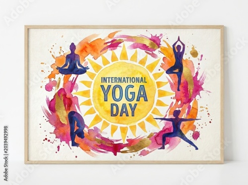 International yoga day poster with colorful yoga poses and sun