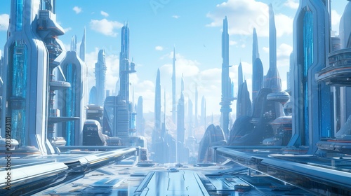 A photo of futuristic skyscrapers in a vibrant city.