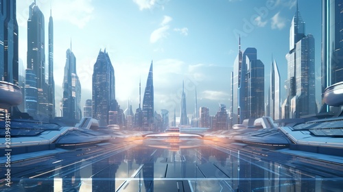 A photo of futuristic skyscrapers in a vibrant city.
