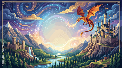 Bild auf Leinwand Epic dragon fantasy flat vector background, clouds, castles and glowing magical