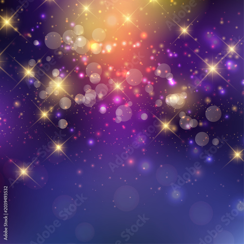 Magical purple background with golden glitter, sparkling bokeh lights, and festive effects, ideal for celebrations, holidays, and luxury events.