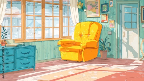 Bright Yellow Armchair in Cozy Sunlit Living Room with Blue Cabinet and Wall Art