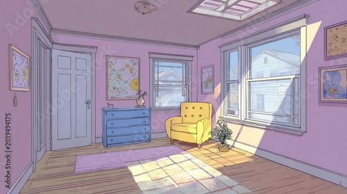 Bright Yellow Armchair in Light Purple Bedroom with Sunlight and Decorative Art