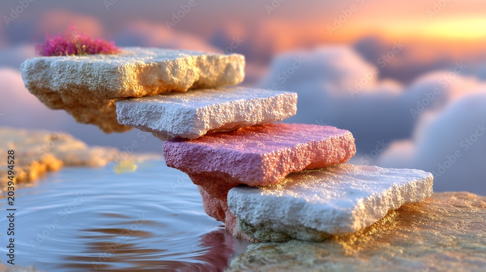 Fototapeta premium Balanced Rock Formations Floating Above Calm Water at Sunset
