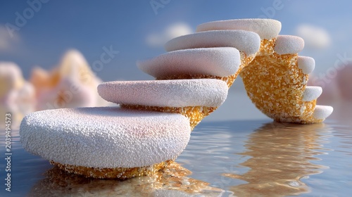 White Mushroom-like Objects on Water with Blue Sky