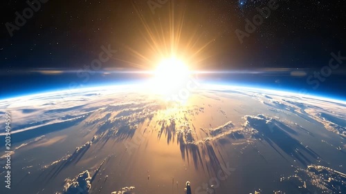 Earth From Space at Sunrise with City Lights Shading Effect and Blue Atmosphere Against a Starry Black Background
