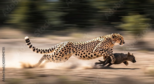 Cheetah pursuing prey across open ground motion blur wildlife scene