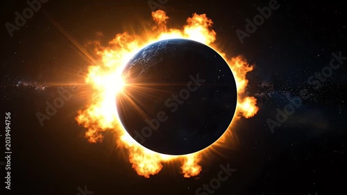 Dramatic Solar Eclipse with Bright Orange Flare Against Starry Night Sky A Majestic Celestial Event Outer Space Dark Background Stock Photo