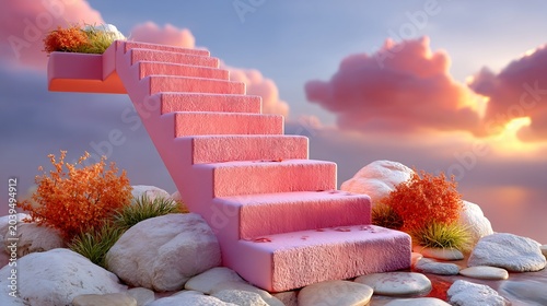 Pink Staircase Ascending to Cloudy Sky with Sunset