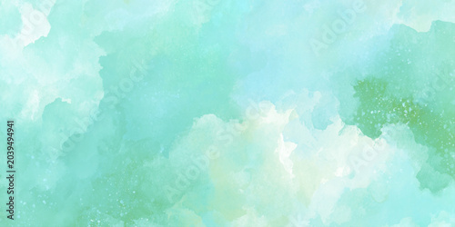 Foto Soft watercolor background with pastel green and blue hues and white splatters f