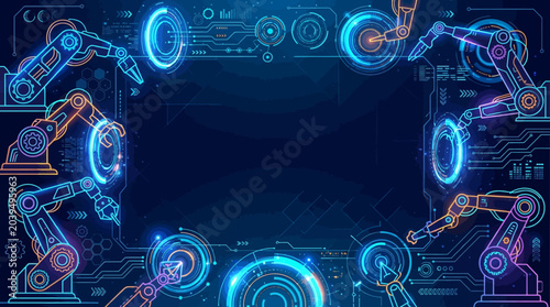 Photos High-tech robotics flat vector background, glowing robot arms and digital circle