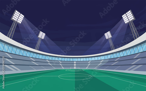 Cuadro en lienzo stadium at night with bright floodlights illuminating the green grass field, foo