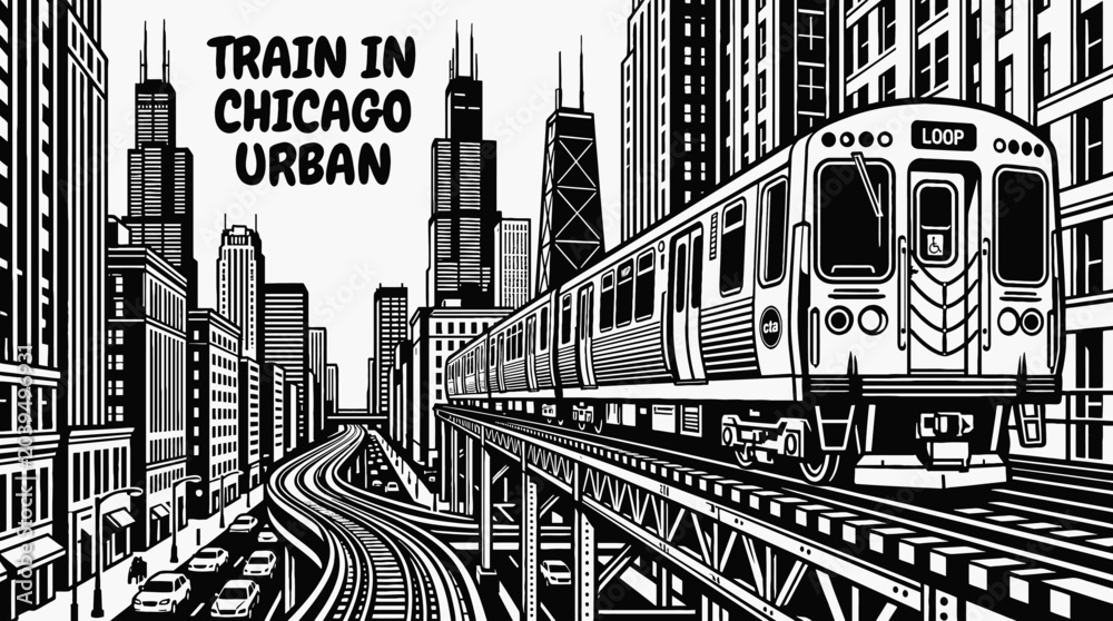 Obraz premium Electric train moving through chicago urban skyline vector illustration black and white railway transportation