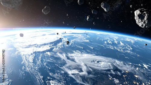 Dramatic View of Earth from Space with Asteroid Field in Blue Tones Showing City Lights and Cloud Formations with Bright Starry Background and Horizon