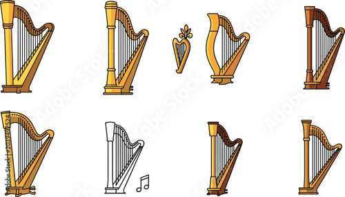 Schilderij op canvas Harp Musical Instrument Vector Set with Classical String Harp Orchestra and Musi