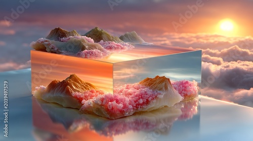 Surreal Mountains Above Clouds at Sunset with Pink Flowers