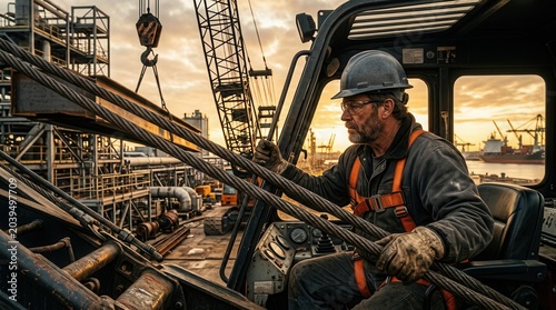 Industrial Crane Operator at Work in a Manufacturing Complex Setting at the Sunset time