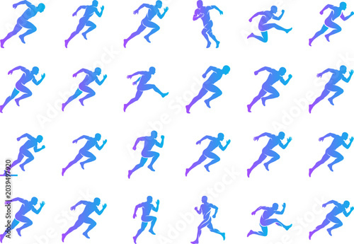 Runner silhouettes in dynamic motion capturing athletic speed and training phases on white.
