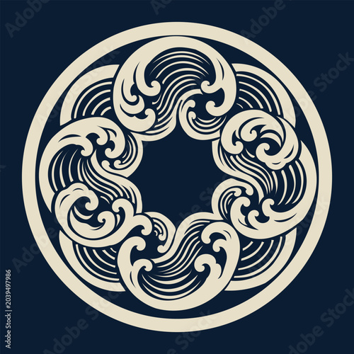 Traditional Japanese Wave Circular Motif on Dark Navy Background