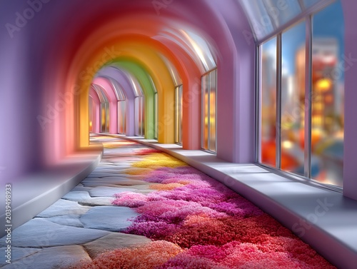 Vibrant Rainbow Arches Corridor with Colorful Petals on Floor