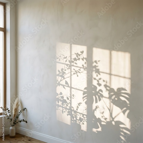 Light Shadows of Plants on a White Wall Near Window.