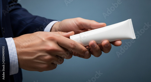 Professional Man in Suit Holding Blank White Cosmetic Cream Tube Mockup