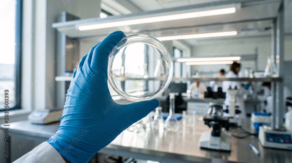 Fototapeta premium A scientist wearing a blue nitrile glove holds a clear glass petri dish up to the bright overhead lights during a daily medical research experiment.