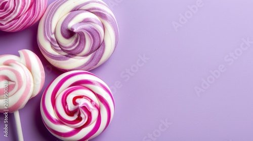 Colorful Swirled Lollipops on Purple Background Bright Confectionery Sweets