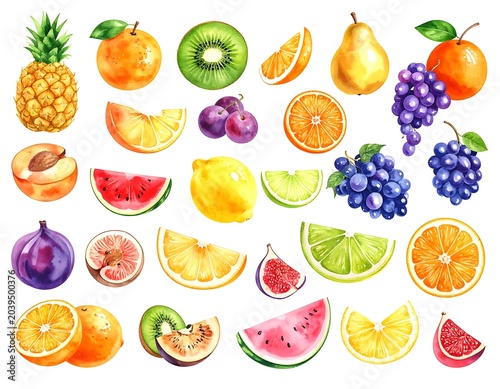 A colorful arrangement of various sliced and whole fruits
