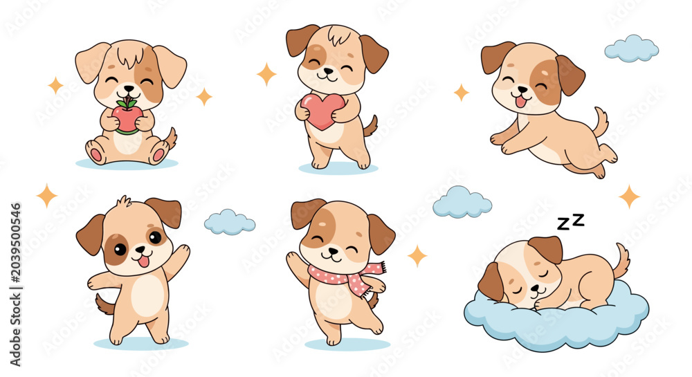 Fototapeta premium Cute Cartoon Puppy Set with Various Poses and Expressions