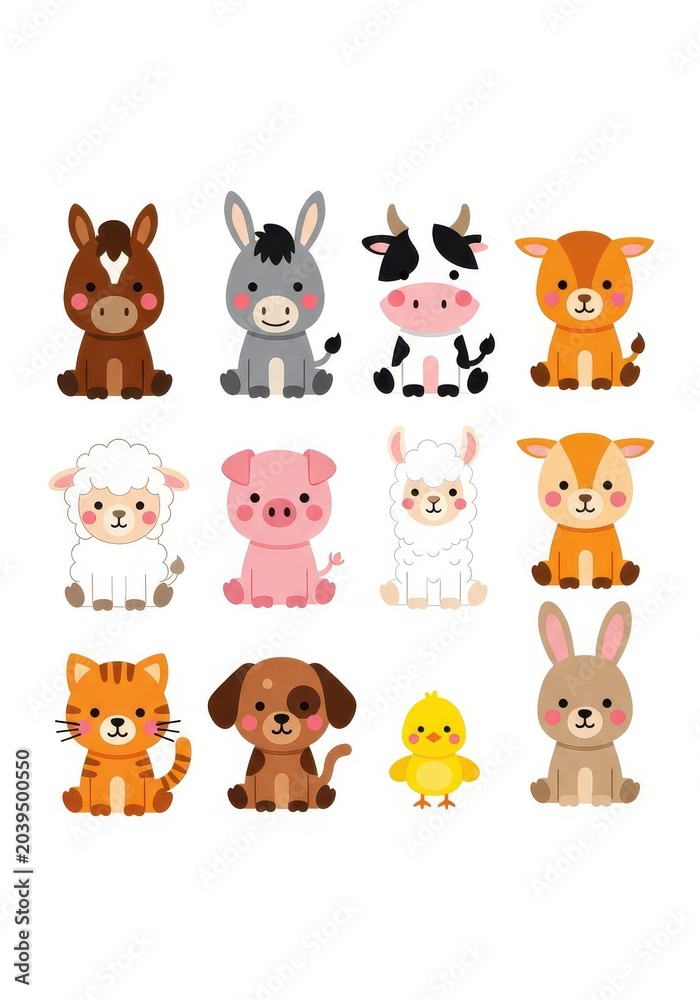 Fototapeta premium Cute Cartoon Farm Animals Collection Set with Cow, Pig, Sheep, Horse, Dog, Cat, and Rabbit for Kids Illustration