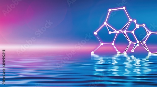 Futuristic Molecular Structure Illuminated in Vibrant Neon Colors Reflecting on Water Surface
