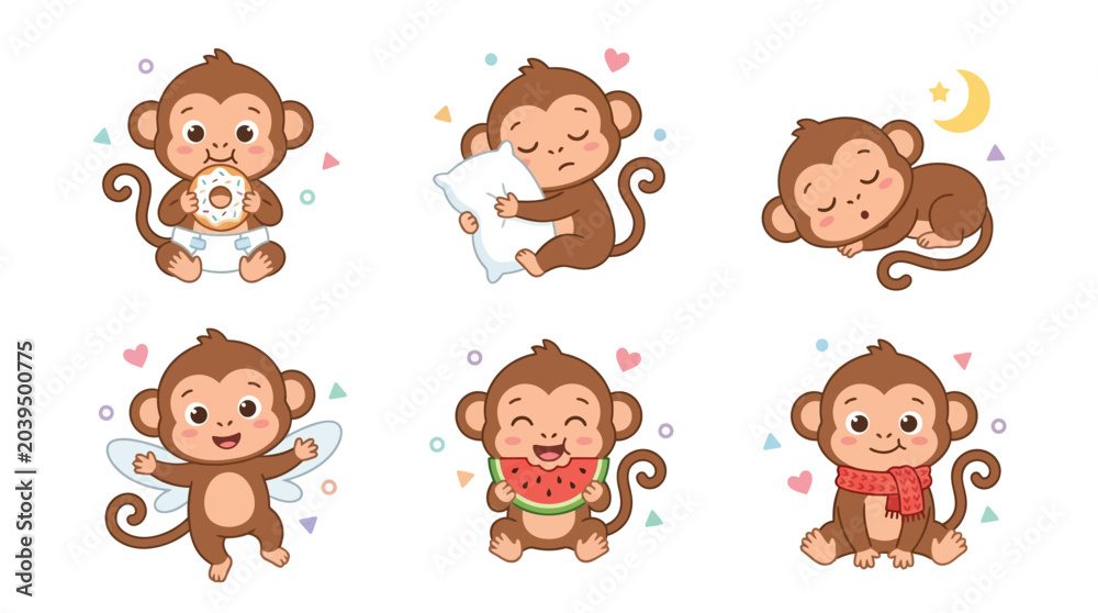 Fototapeta premium Cute Cartoon Monkey Set, Various Activities for Kids Vector