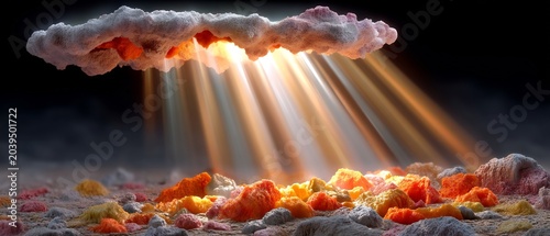 Mushroom Cloud Exploding with Rays of Light on Colorful Debris
