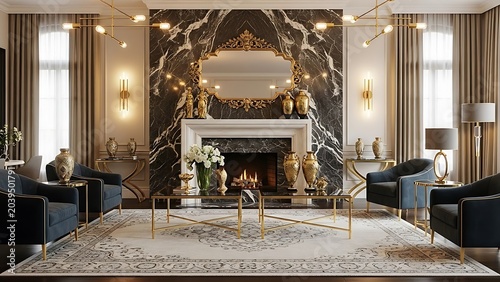 Luxurious Living Room with Ornate Marble Fireplace.