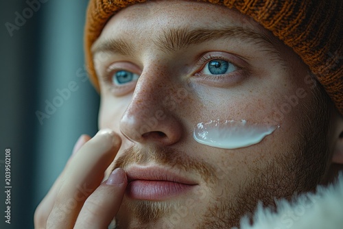 Young man with bright blue eyes applying moisturizer to his face while wearing a warm orange beanie