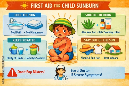 Educational infographic showing first aid for child sunburn. Crying boy with sun burnt skin needs medical care. Skin treatment advice with aloe vera, hydration and cooling for summer.