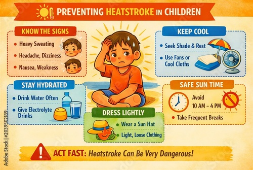 Infographic about preventing heatstroke in child. Educational poster showing heat exhaustion symptoms, hydration tips, and sun safety advice for child during hot summer weather.