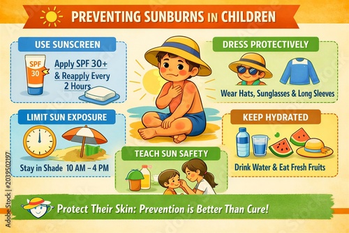 Infographic about preventing sunburn in child. Cartoon boy with red sunburnt skin sitting on beach. Medical advice for summer skin protection, healthcare tips and parent education guide.