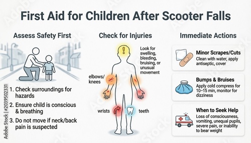 First aid guide for child injury after scooter fall. Infographic showing steps to assess safety, check for bruise or cut and immediate emergency treatment for parent and caregiver.
