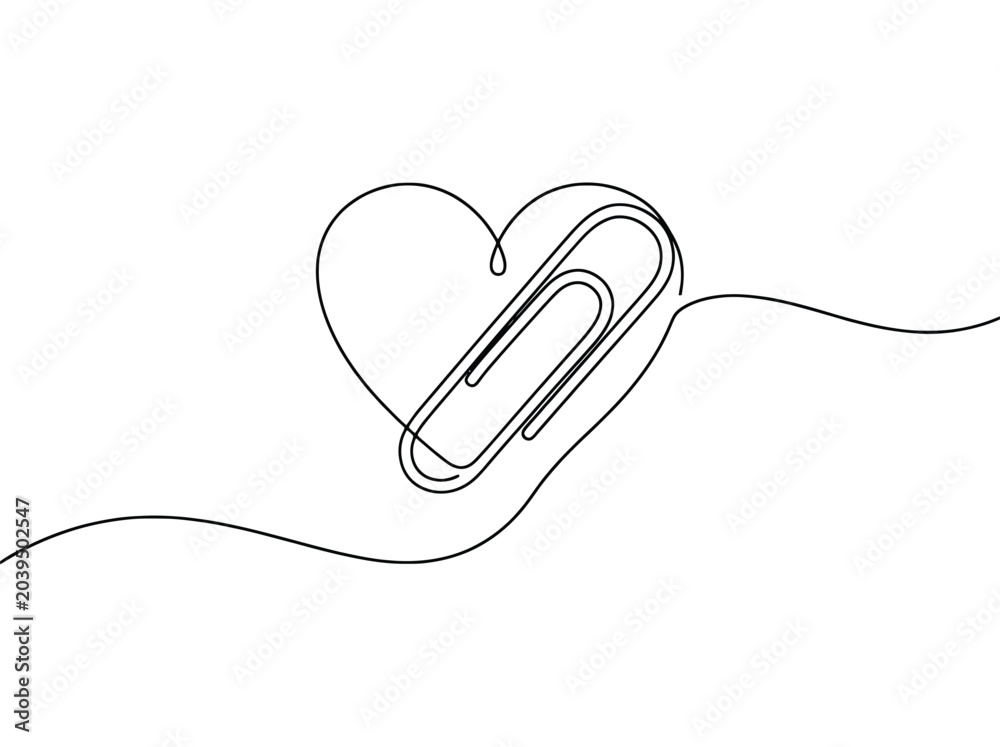 Obraz premium A paperclip attaches a heart while symbolizing thoughts and connection in a simple line drawing