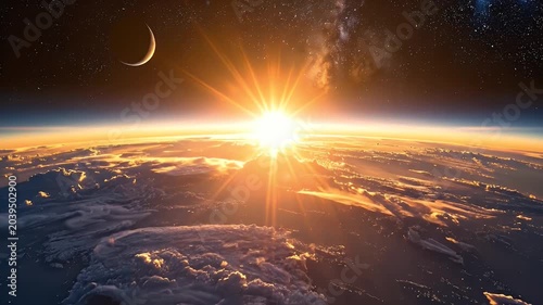 Earth from Space View with Sunlight and Moon in Dark Starry Sky Galaxy Universe Background